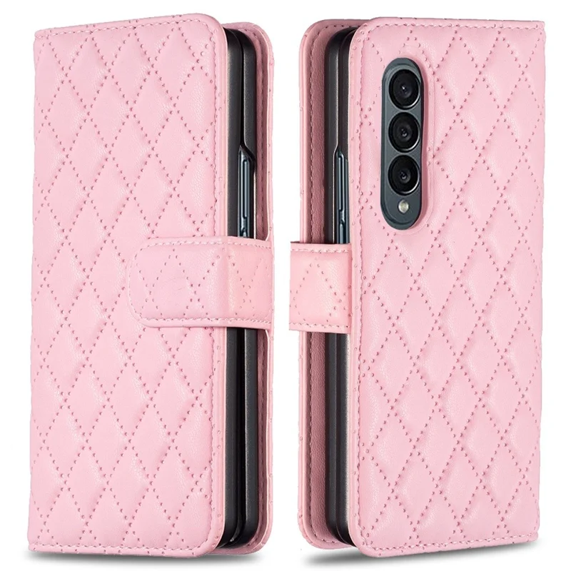 BINFEN COLOR For Samsung Galaxy Z Fold4 5G Imprinted Rhombus Pattern Phone Cover PU Leather + PC Wallet Stand Case - Pink