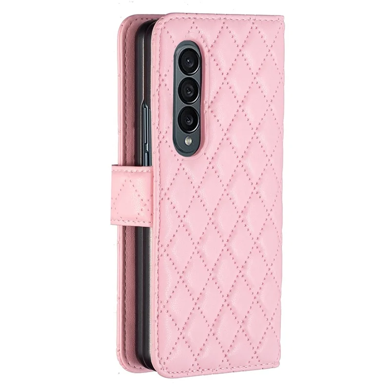 BINFEN COLOR For Samsung Galaxy Z Fold4 5G Imprinted Rhombus Pattern Phone Cover PU Leather + PC Wallet Stand Case - Pink