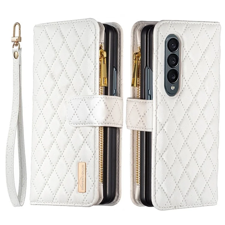 BINFEN COLOR para Samsung Galaxy Z Fold4 5G Funda de cuero con cremallera y soporte Diseño grabado en rombo Funda de cartera para teléfono - Blanco