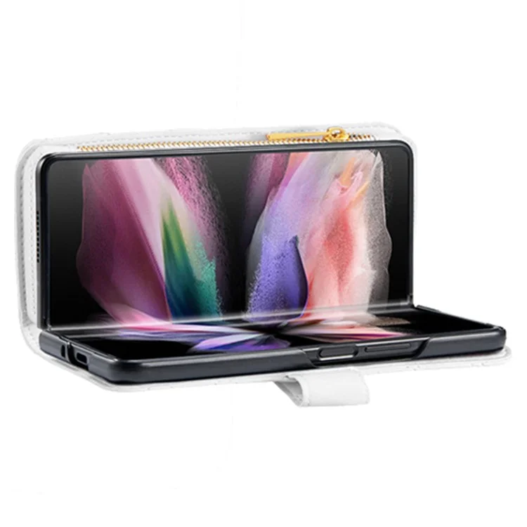 BINFEN COLOR para Samsung Galaxy Z Fold4 5G Funda de cuero con cremallera y soporte Diseño grabado en rombo Funda de cartera para teléfono - Blanco