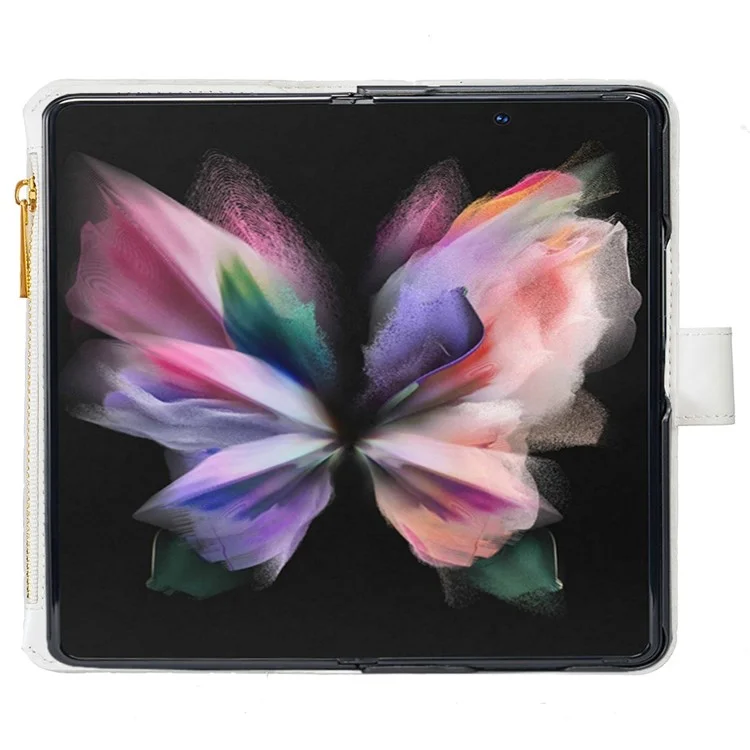 BINFEN COLOR para Samsung Galaxy Z Fold4 5G Funda de cuero con cremallera y soporte Diseño grabado en rombo Funda de cartera para teléfono - Blanco