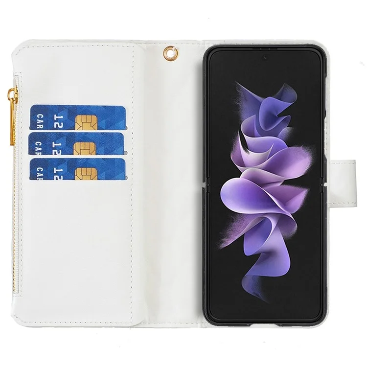 BINFEN COLOR para Samsung Galaxy Z Fold4 5G Funda de cuero con cremallera y soporte Diseño grabado en rombo Funda de cartera para teléfono - Blanco