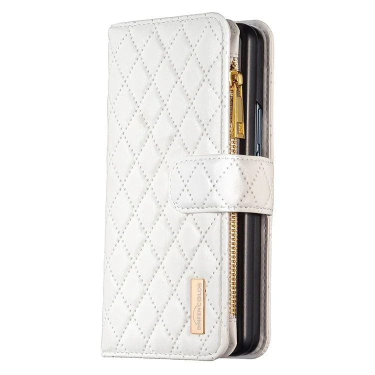 BINFEN COLOR para Samsung Galaxy Z Fold4 5G Funda de cuero con cremallera y soporte Diseño grabado en rombo Funda de cartera para teléfono - Blanco