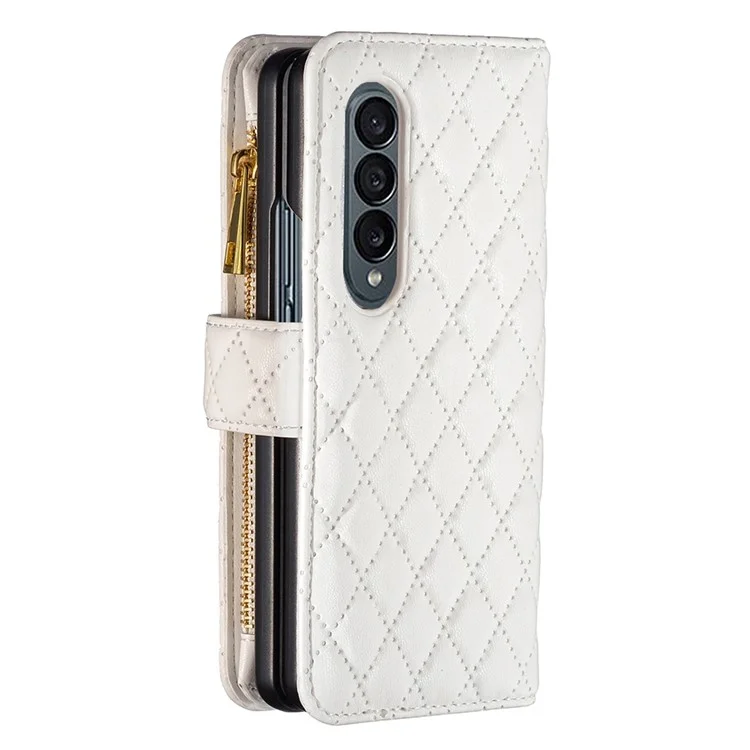 BINFEN COLOR para Samsung Galaxy Z Fold4 5G Funda de cuero con cremallera y soporte Diseño grabado en rombo Funda de cartera para teléfono - Blanco