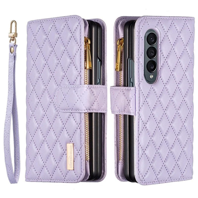 BINFEN COLOR For Samsung Galaxy Z Fold4 5G Zipper Pocket Stand Leather Case Rhombus Pattern Imprinted Phone Wallet Cover - Purple