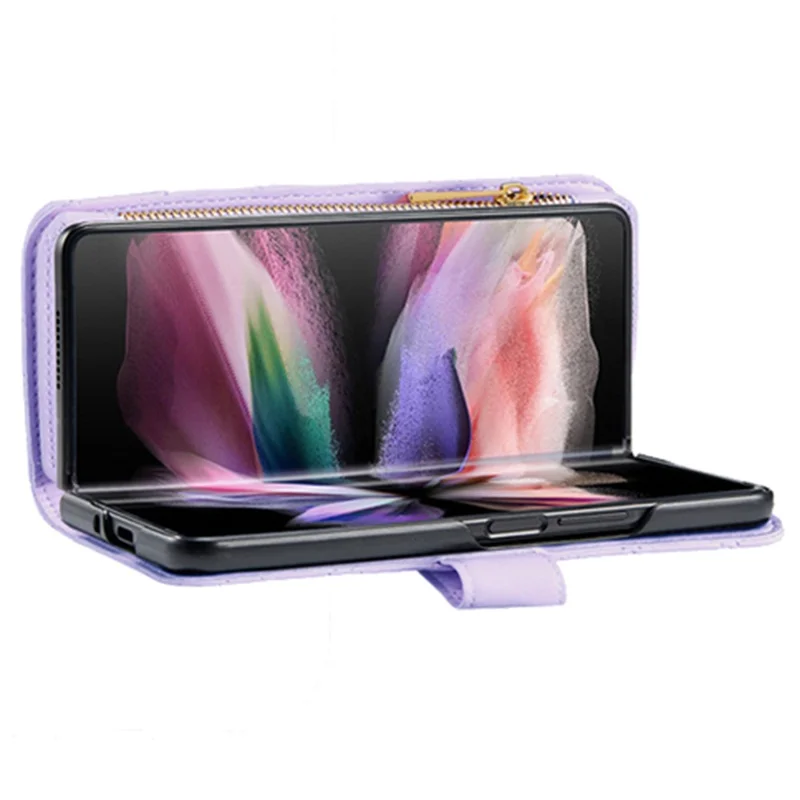 BINFEN COLOR For Samsung Galaxy Z Fold4 5G Zipper Pocket Stand Leather Case Rhombus Pattern Imprinted Phone Wallet Cover - Purple