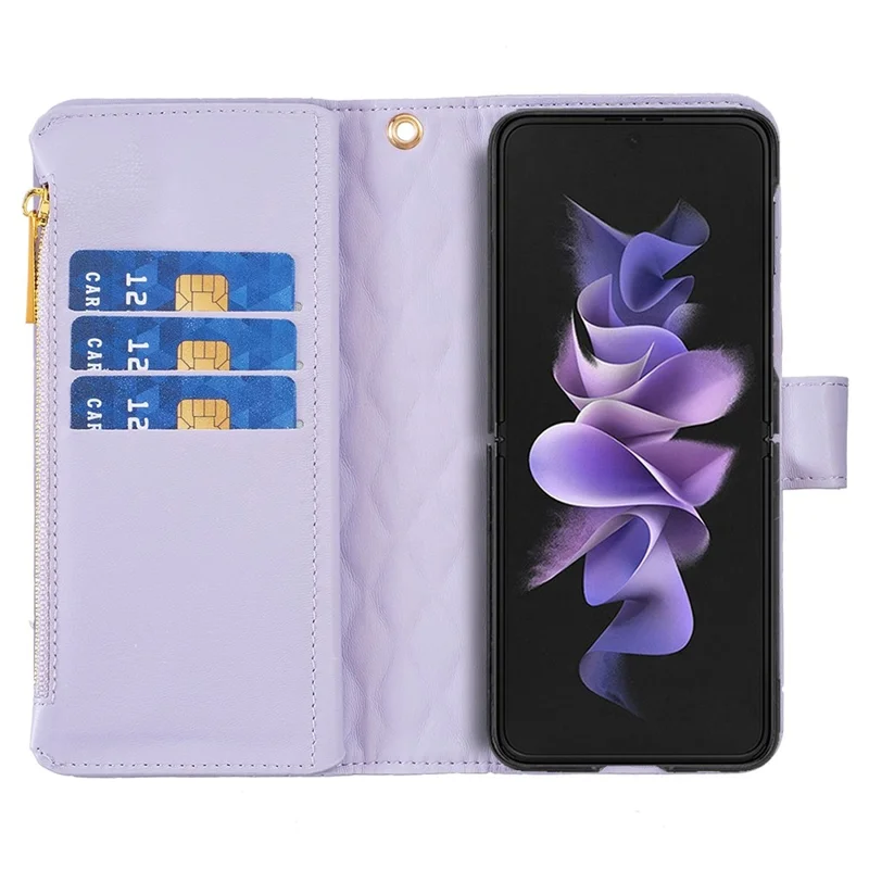 BINFEN COLOR For Samsung Galaxy Z Fold4 5G Zipper Pocket Stand Leather Case Rhombus Pattern Imprinted Phone Wallet Cover - Purple