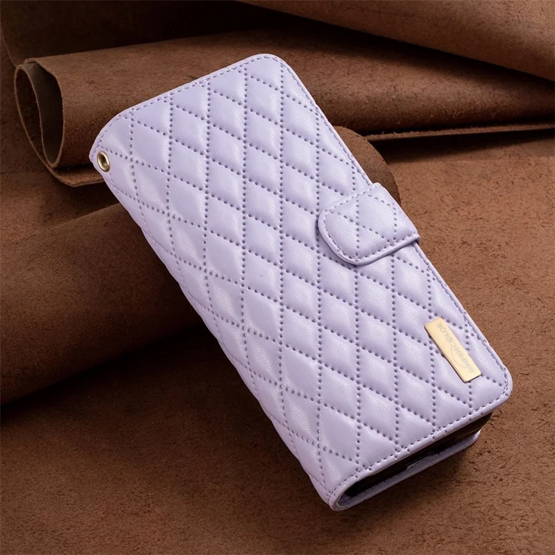 BINFEN COLOR For Samsung Galaxy Z Fold4 5G Zipper Pocket Stand Leather Case Rhombus Pattern Imprinted Phone Wallet Cover - Purple