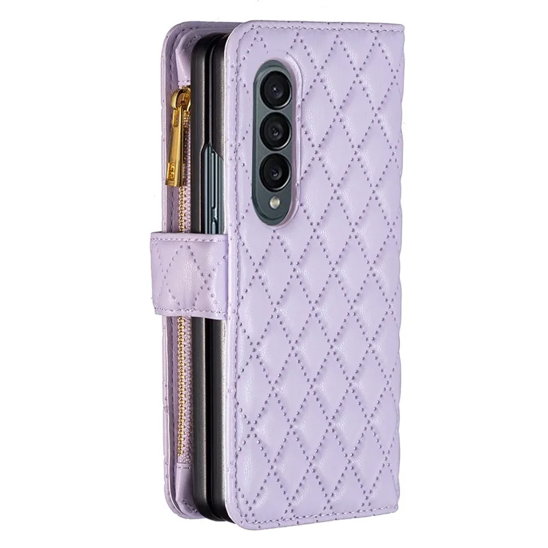BINFEN COLOR For Samsung Galaxy Z Fold4 5G Zipper Pocket Stand Leather Case Rhombus Pattern Imprinted Phone Wallet Cover - Purple