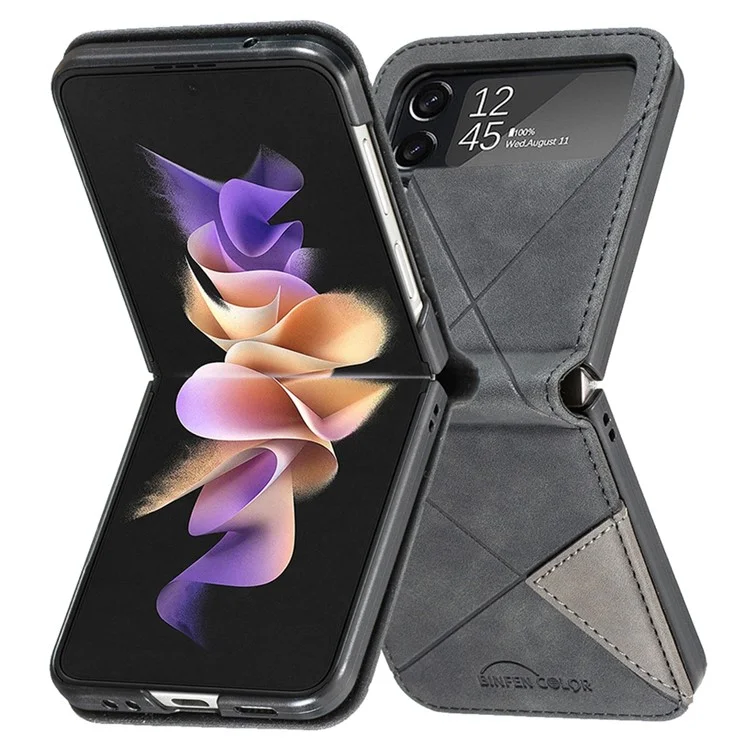 BINFEN COLOR PU Leather Case for Samsung Galaxy Z Flip4 5G Geometric Imprinted Phone Cover - Black