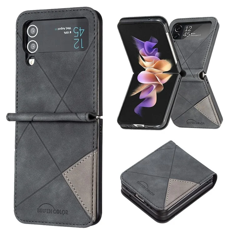BINFEN COLOR PU Leather Case for Samsung Galaxy Z Flip4 5G Geometric Imprinted Phone Cover - Black