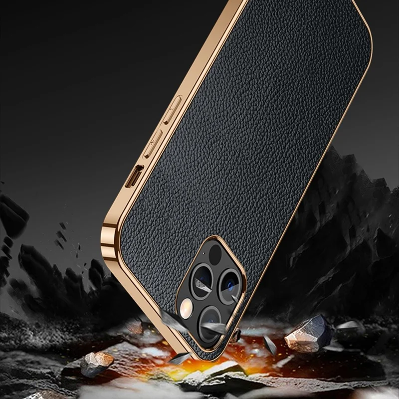 SULADA for iPhone 14 Pro Max 6.7 inch Litchi Texture Electroplating Anti-scratch Cover PU Leather Coated PC + TPU Mobile Phone Case - Black