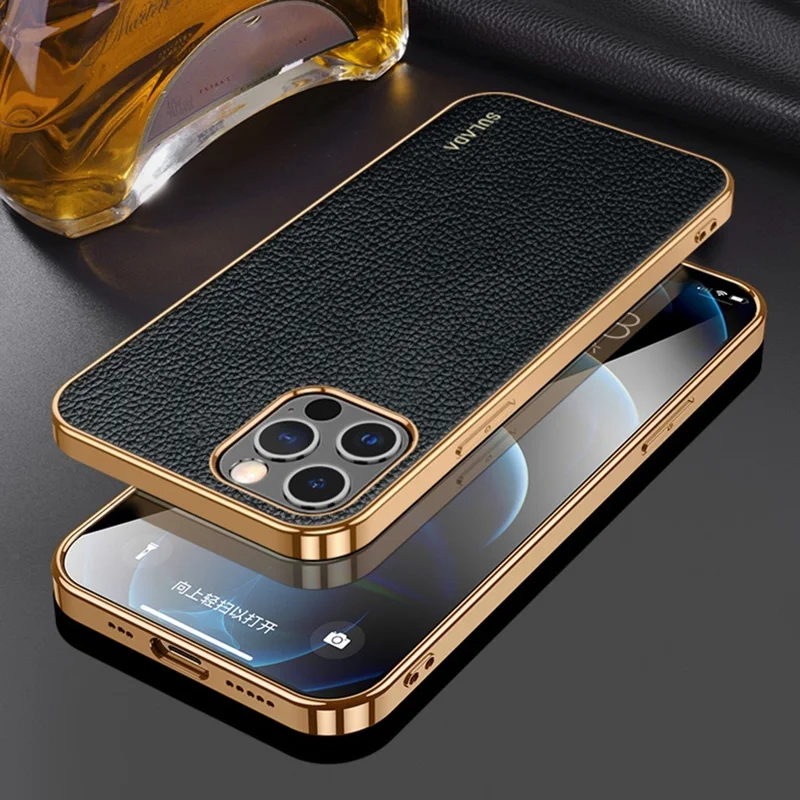 SULADA for iPhone 14 Pro Max 6.7 inch Litchi Texture Electroplating Anti-scratch Cover PU Leather Coated PC + TPU Mobile Phone Case - Black