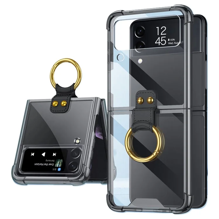 GKK For Samsung Galaxy Z Flip4 5G Finger Ring Design Airbag Anti-drop TPU Transparent Phone Case Cover - Transparent Black