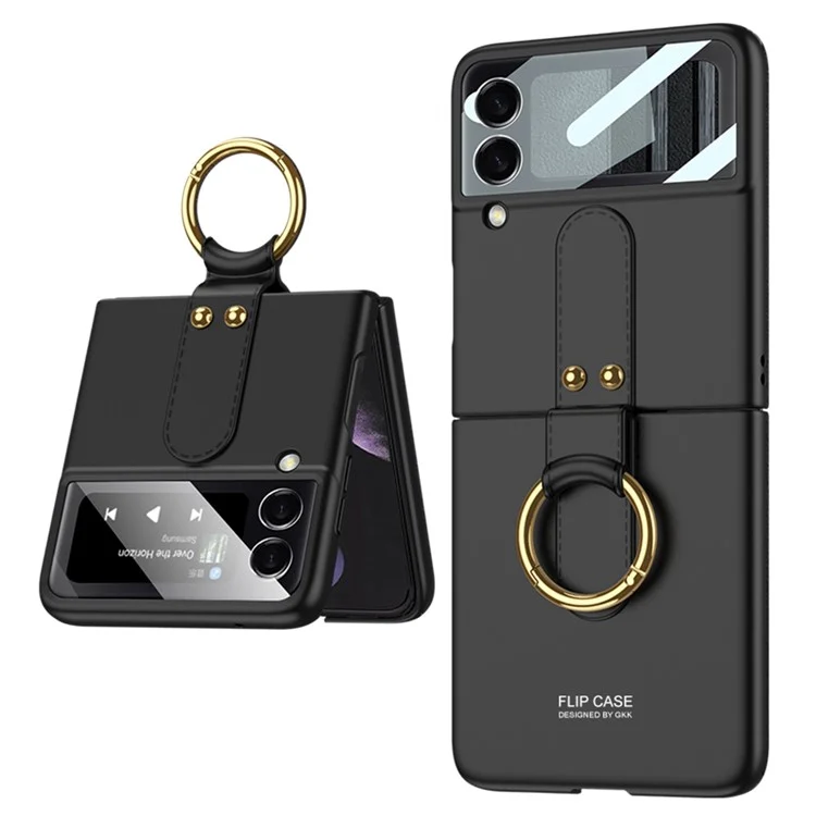 GKK Für Samsung Galaxy Z Flip4 5G Ultra Slim Finger Ring Kickstand Design Hard PC Phone Case Cover mit kleinem Bildschirm Gehärtetem Glas Schutz - Schwarz
