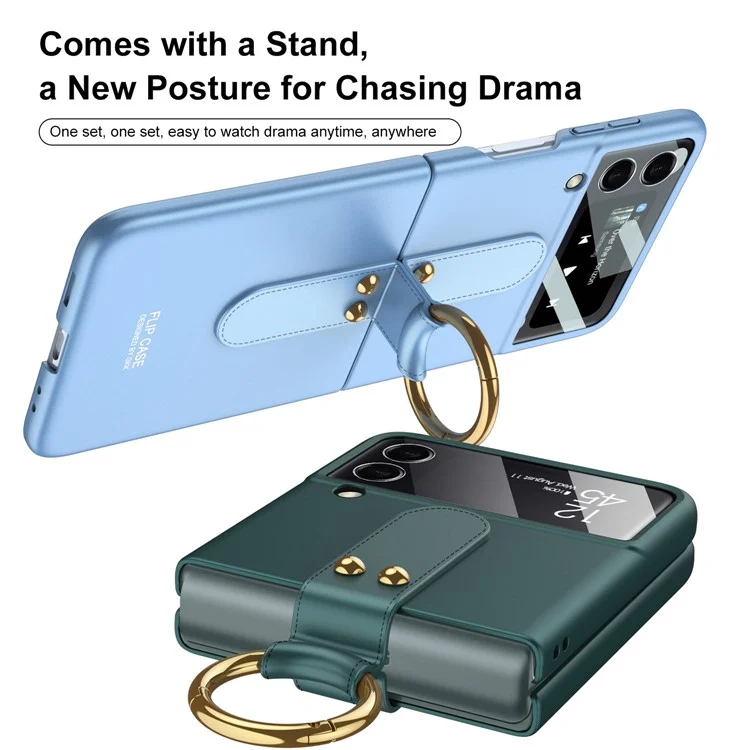GKK Für Samsung Galaxy Z Flip4 5G Ultra Slim Finger Ring Kickstand Design Hard PC Phone Case Cover mit kleinem Bildschirm Gehärtetem Glas Schutz - Schwarz
