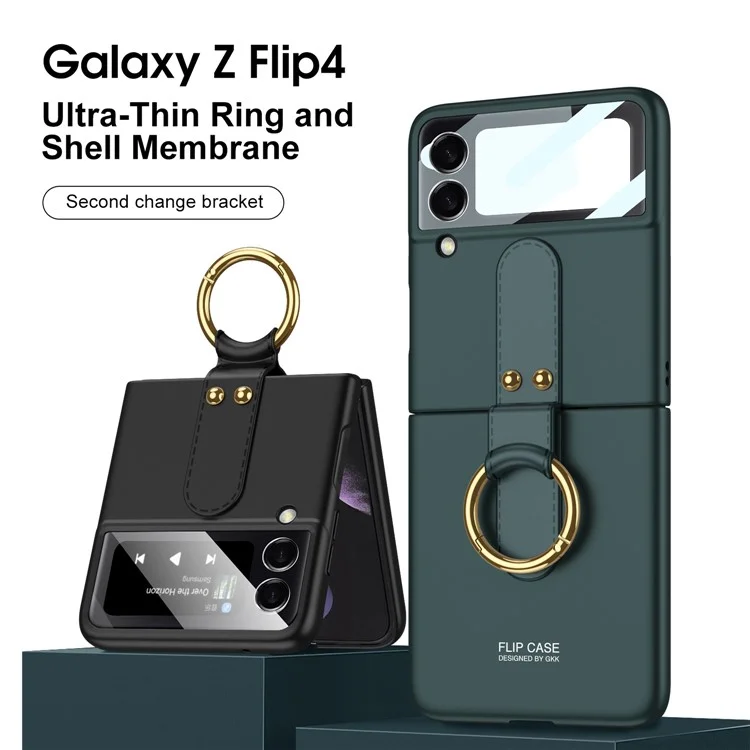 GKK Für Samsung Galaxy Z Flip4 5G Ultra Slim Finger Ring Kickstand Design Hard PC Phone Case Cover mit kleinem Bildschirm Gehärtetem Glas Schutz - Schwarz