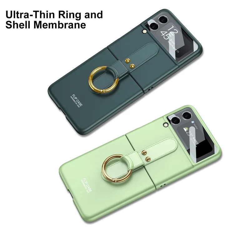 GKK Für Samsung Galaxy Z Flip4 5G Ultra Slim Finger Ring Kickstand Design Hard PC Phone Case Cover mit kleinem Bildschirm Gehärtetem Glas Schutz - Schwarz