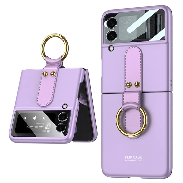 GKK per Samsung Galaxy Z Flip4 5G Ultra Slim Finger Ring Kickstand Design Hard PC Phone Case Cover con Small Screen Tempered Glass Protector - Viola