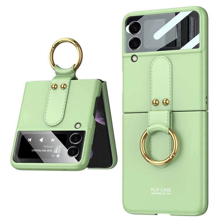 GKK Para Samsung Galaxy Z Flip4 5G Ultra Slim Ring Ring Kickstand Design Hard PC Caixa de Telefone Com Tela Pequena de Vidro Temperado de Tela - Matcha Green