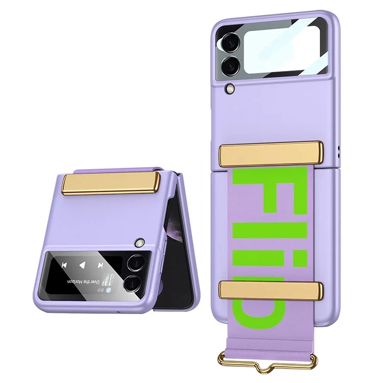 GKK Para Samsung Galaxy Z Flip4 5g Design de Correia Manual PC Hard PC Electroplating Caixa de Telefone Dobrável Com Filme de Vidro Temperado de Tela Pequena - Roxo