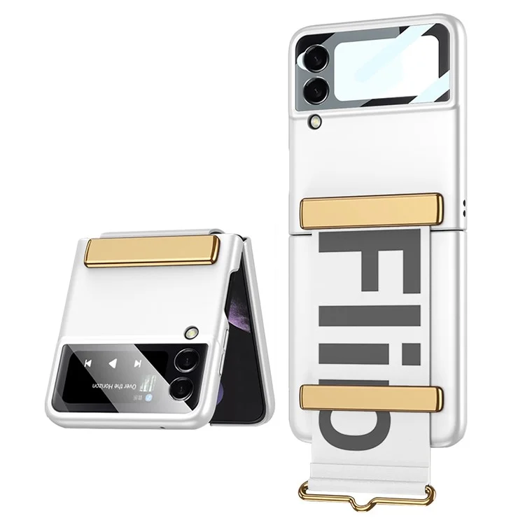 GKK для Samsung Galaxy Z Flip4 5G Дизайн ручного ремешка Жесткий ПК Электроосаждение Складной чехол для телефона с маленьким экранным стеклом - Белый