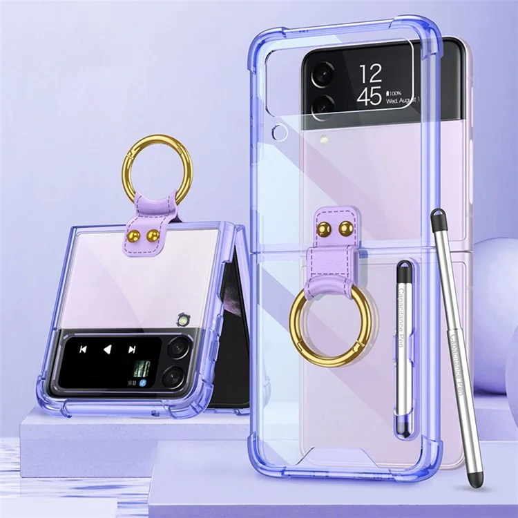 GKK For Samsung Galaxy Z Flip4 5G Finger Ring Design Airbag Anti-fall TPU Transparent Phone Case with Stylus Pen - Transparent Purple