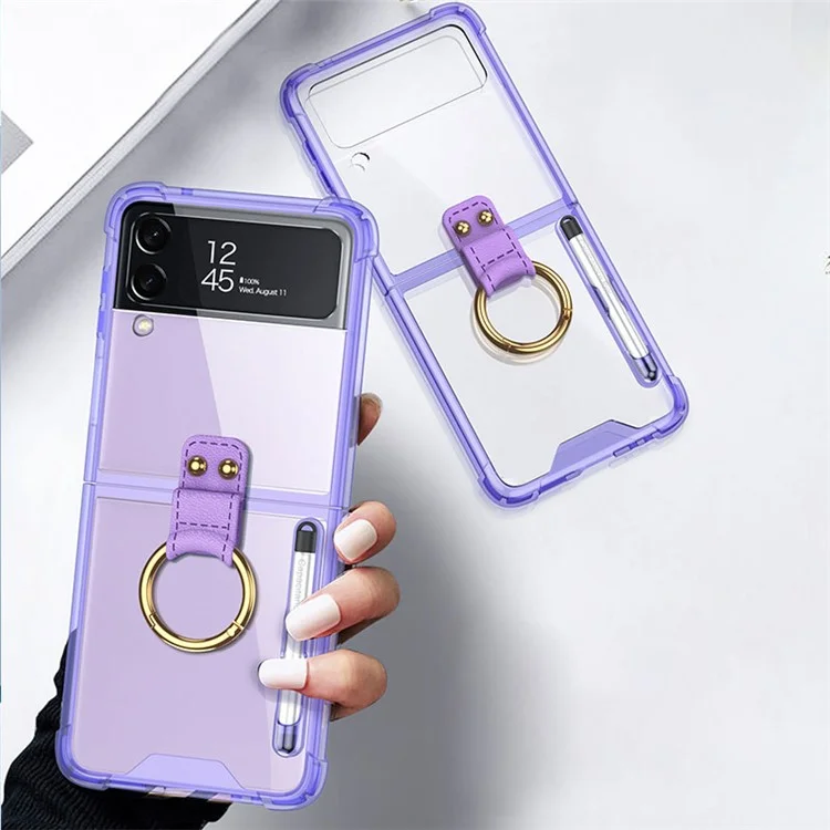GKK For Samsung Galaxy Z Flip4 5G Finger Ring Design Airbag Anti-fall TPU Transparent Phone Case with Stylus Pen - Transparent Purple