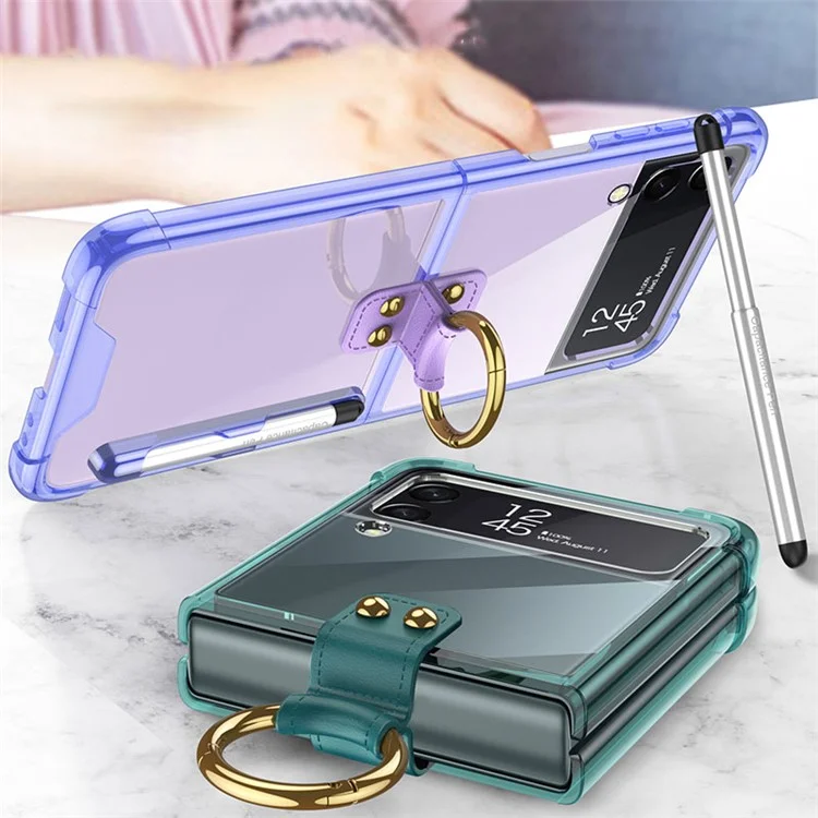 GKK For Samsung Galaxy Z Flip4 5G Finger Ring Design Airbag Anti-fall TPU Transparent Phone Case with Stylus Pen - Transparent Purple