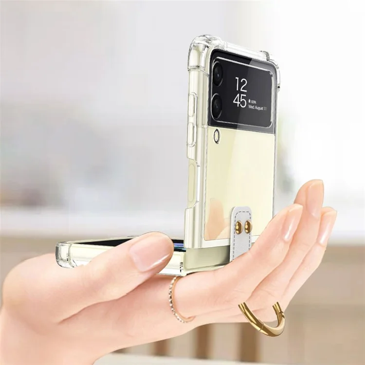GKK For Samsung Galaxy Z Flip4 5G Finger Ring Design Airbag Anti-fall TPU Transparent Phone Case with Stylus Pen - Transparent Purple