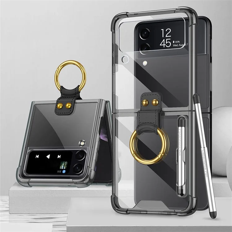 GKK Pour Samsung Galaxy Z Flip4 5G Finger Ring Design Airbag Anti-fall TPU Transparent Phone Case Avec Stylet Stylo - Noir Transparent