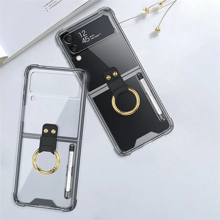 GKK Pour Samsung Galaxy Z Flip4 5G Finger Ring Design Airbag Anti-fall TPU Transparent Phone Case Avec Stylet Stylo - Noir Transparent