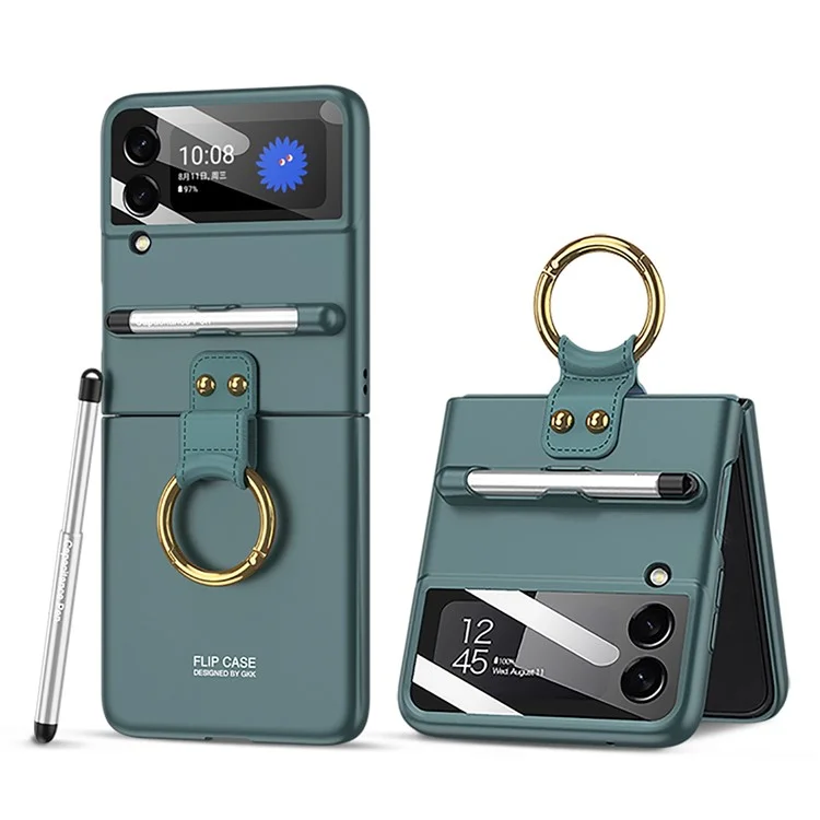 GKK For Samsung Galaxy Z Flip4 5G Ultra Slim Hard PC Phone Case with Tempered Glass Lens Protector+Stylus Pen - Blackish Green