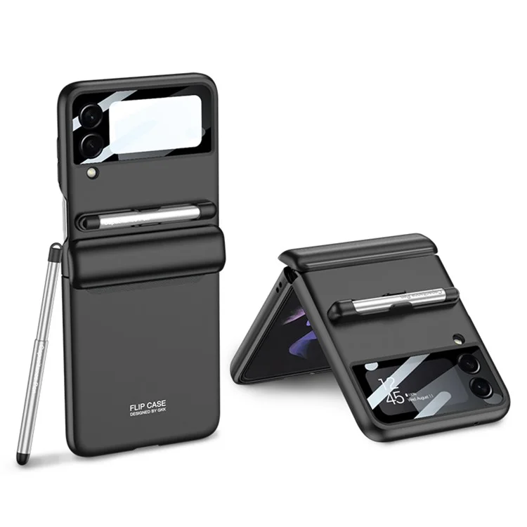 GKK For Samsung Galaxy Z Flip4 5G Magnetic Hinge PC Folding Phone Case Camera Lens Film Design Drop-proof Cover with Stylus Pen - Black