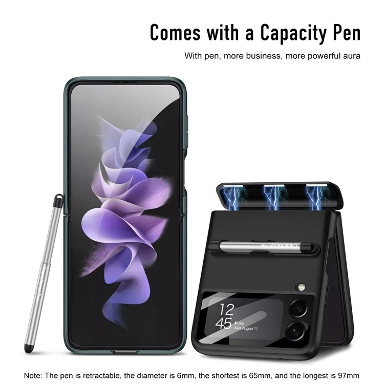GKK For Samsung Galaxy Z Flip4 5G Magnetic Hinge PC Folding Phone Case Camera Lens Film Design Drop-proof Cover with Stylus Pen - Black