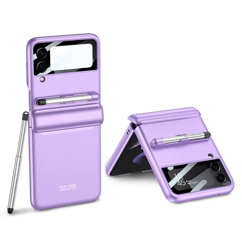 GKK For Samsung Galaxy Z Flip4 5G Magnetic Hinge PC Folding Phone Case Camera Lens Film Design Drop-proof Cover with Stylus Pen - Purple