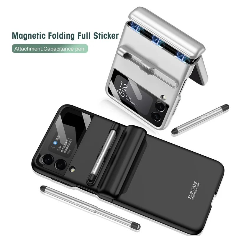 GKK For Samsung Galaxy Z Flip4 5G Magnetic Hinge PC Folding Phone Case Camera Lens Film Design Drop-proof Cover with Stylus Pen - Purple