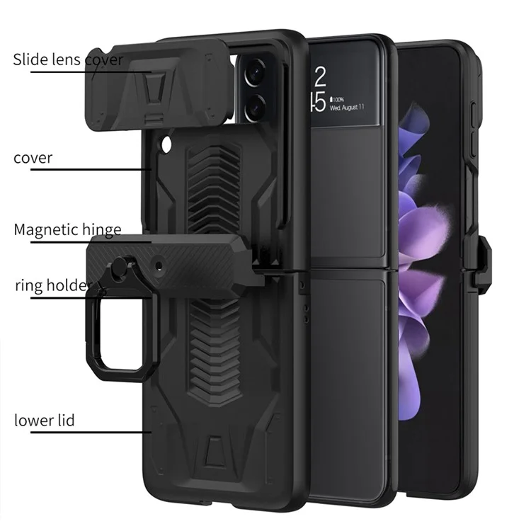 GKK para Samsung Galaxy Z Flip4 5G Funda de teléfono con bisagra magnética antirreflectante Protección de la cámara deslizante Cubierta trasera plegable dura de PC con soporte - Negro