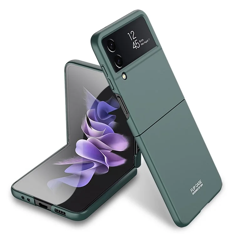 GKK Für Samsung Galaxy Z Flip4 5G Ultra Slim PC Handyhülle Klappcover mit Gehärtetem Glas Linsenschutz - Dunkelgrün