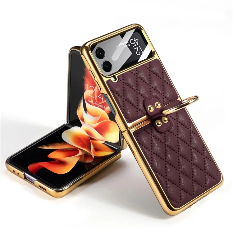 GKK Per Samsung Galaxy Z Flip4 5G Ring Kickstand Case Rhombus Grid Pattern Exprinted in Pelle PC Rivestita Per PC Rivestita Con pc Con Pellicola a Schermo Piccolo - Vino Rosso