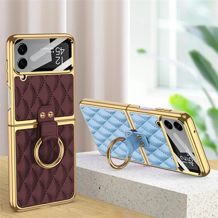 GKK Per Samsung Galaxy Z Flip4 5G Ring Kickstand Case Rhombus Grid Pattern Exprinted in Pelle PC Rivestita Per PC Rivestita Con pc Con Pellicola a Schermo Piccolo - Vino Rosso