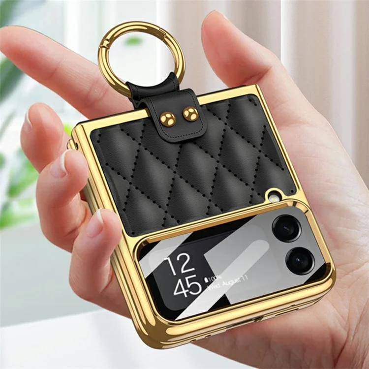 GKK Per Samsung Galaxy Z Flip4 5G Ring Kickstand Case Rhombus Grid Pattern Exprinted in Pelle PC Rivestita Per PC Rivestita Con pc Con Pellicola a Schermo Piccolo - Vino Rosso