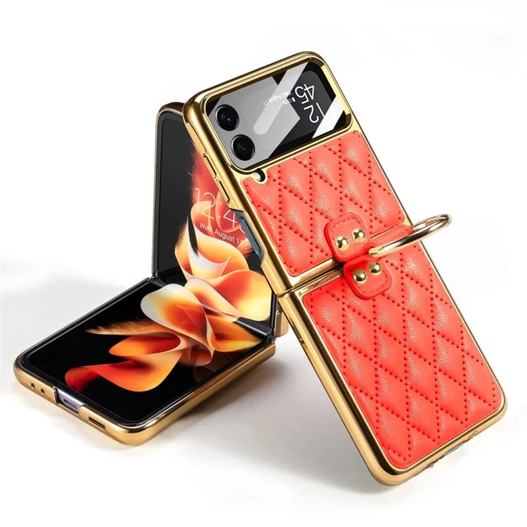 GKK Pour Samsung Galaxy Z Flip4 5G Ring Kickstand Case Rhombus Grid Match Imprimé en Cuir PU Revêtu en Cuir en Cuir en Cuir PC Avec Petit Film D'écran - Orange