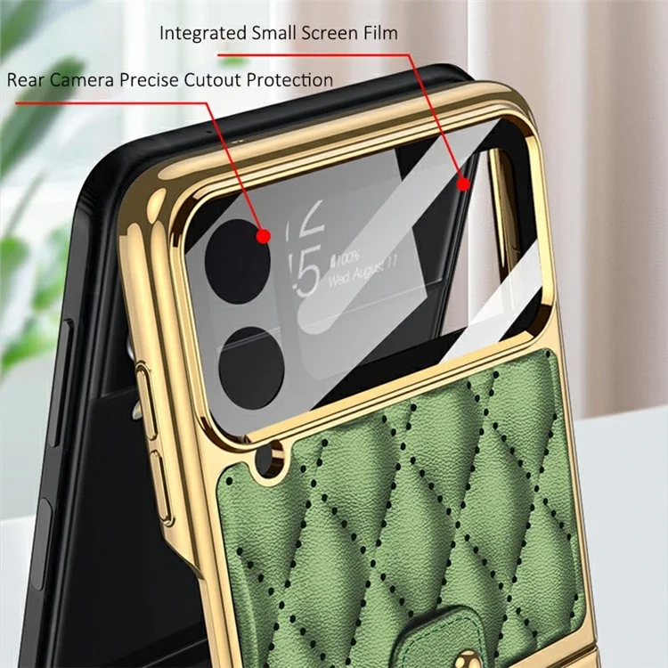GKK Pour Samsung Galaxy Z Flip4 5G Ring Kickstand Case Rhombus Grid Match Imprimé en Cuir PU Revêtu en Cuir en Cuir en Cuir PC Avec Petit Film D'écran - Orange