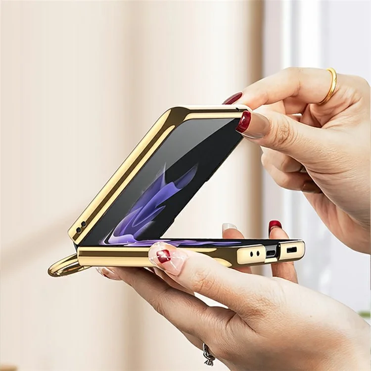 GKK Pour Samsung Galaxy Z Flip4 5G Ring Kickstand Case Rhombus Grid Match Imprimé en Cuir PU Revêtu en Cuir en Cuir en Cuir PC Avec Petit Film D'écran - Orange