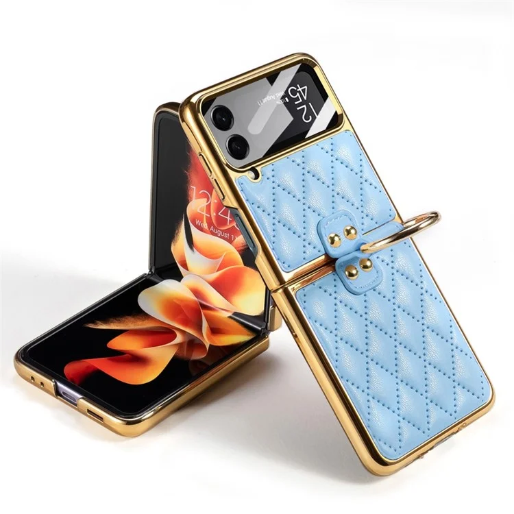 GKK Para Samsung Galaxy Z Flip4 5g Ring Kickstand Caso Rhombus Grid Padrão Impresso PC Concamnet PC Conclating PC Tampa Com Filme de Tela Pequena - Bebê Azul