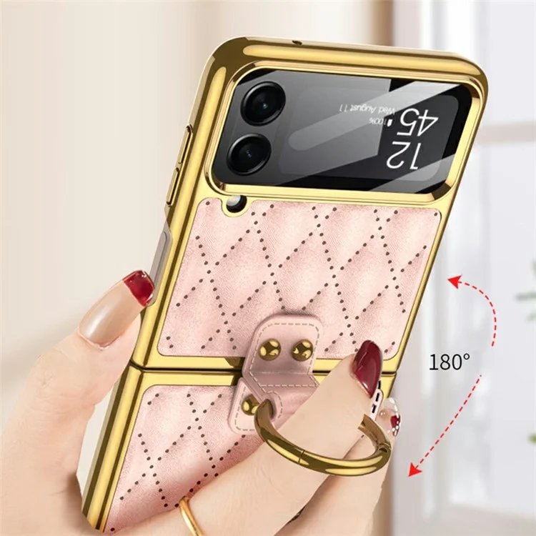 GKK Para Samsung Galaxy Z Flip4 5g Ring Kickstand Caso Rhombus Grid Padrão Impresso PC Concamnet PC Conclating PC Tampa Com Filme de Tela Pequena - Bebê Azul
