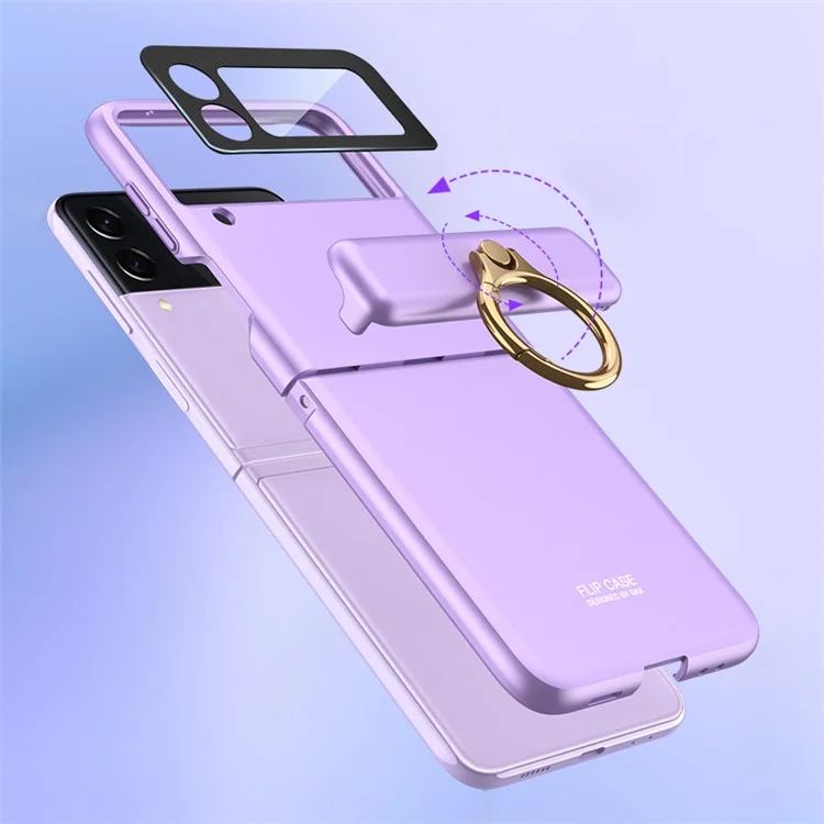 GKK для Samsung Galaxy Z Flip4 5G Противоаналый чехол для телефона Металлическое кольцо Держатель Подставка Магнитный впитывающий Шарнирная ПК Складная крышка с пленкой для камеры - Фиолетовая