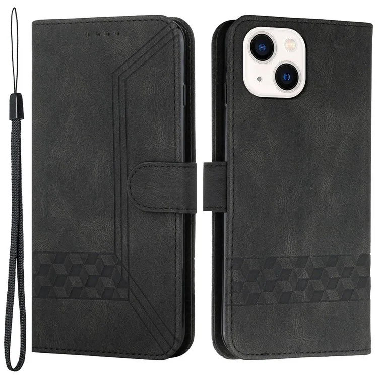 For iPhone 14 Plus YX0010 Leather Case Foldable Stand Wallet Rhombus Lines Imprinted Skin-touch Protective Phone Cover - Black