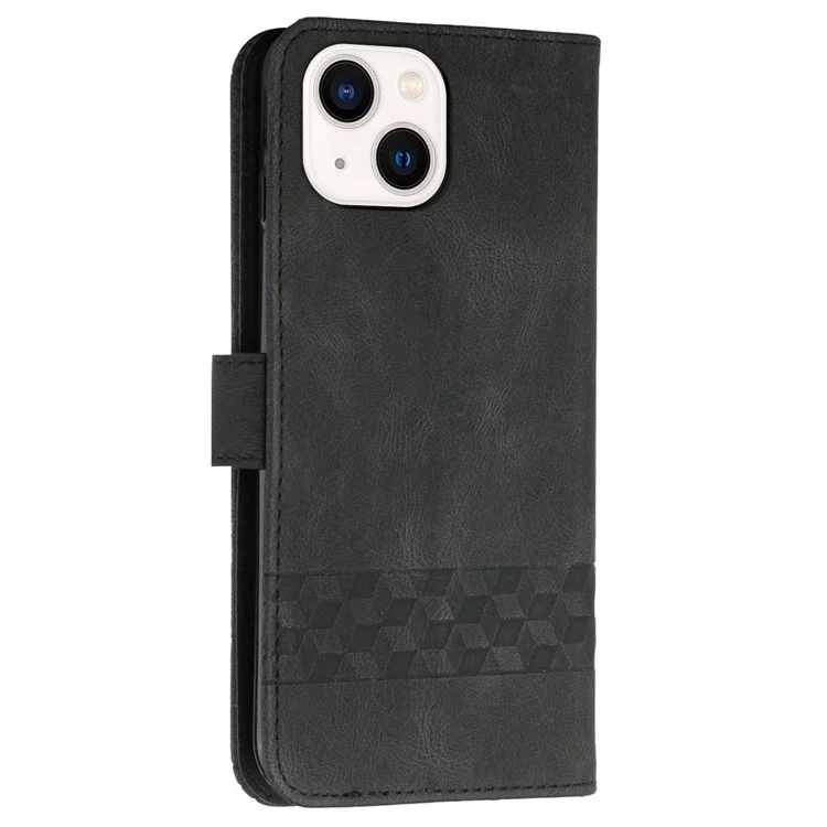 For iPhone 14 Plus YX0010 Leather Case Foldable Stand Wallet Rhombus Lines Imprinted Skin-touch Protective Phone Cover - Black